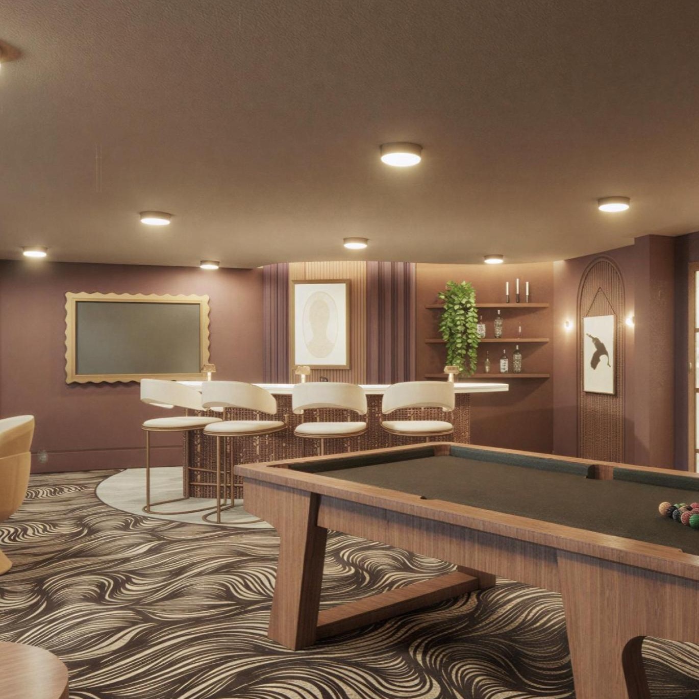 a pool table in a spacious game area