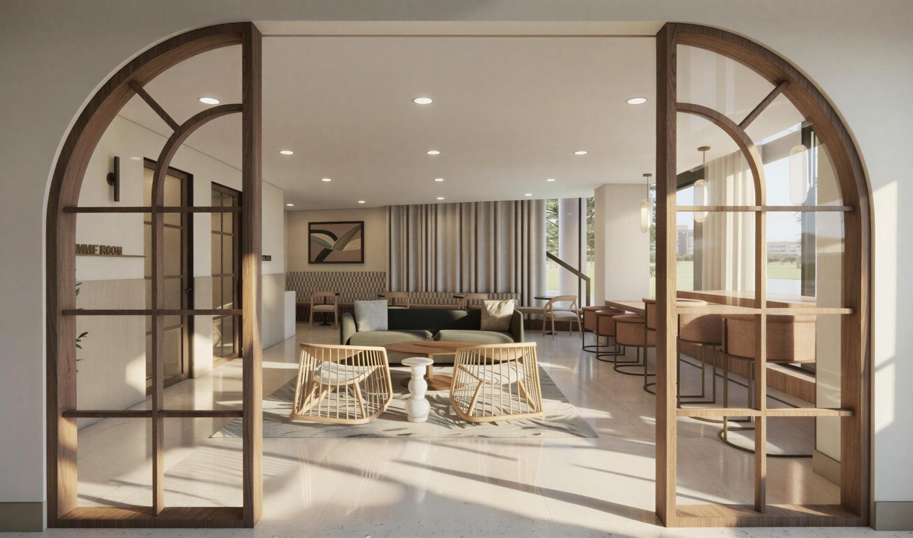 open entrance style to a lounge area with wooden seating